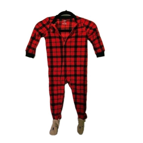 Carter's Baby 9 Months Cute Bear Footie Cozy Fleece Buffalo Plaid 1-Piece Red 9M - Picture 1 of 9